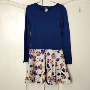 Tea Collection Long-Sleeved Blue/Cream Drop waist Dress With Flowers Girls Sz 12